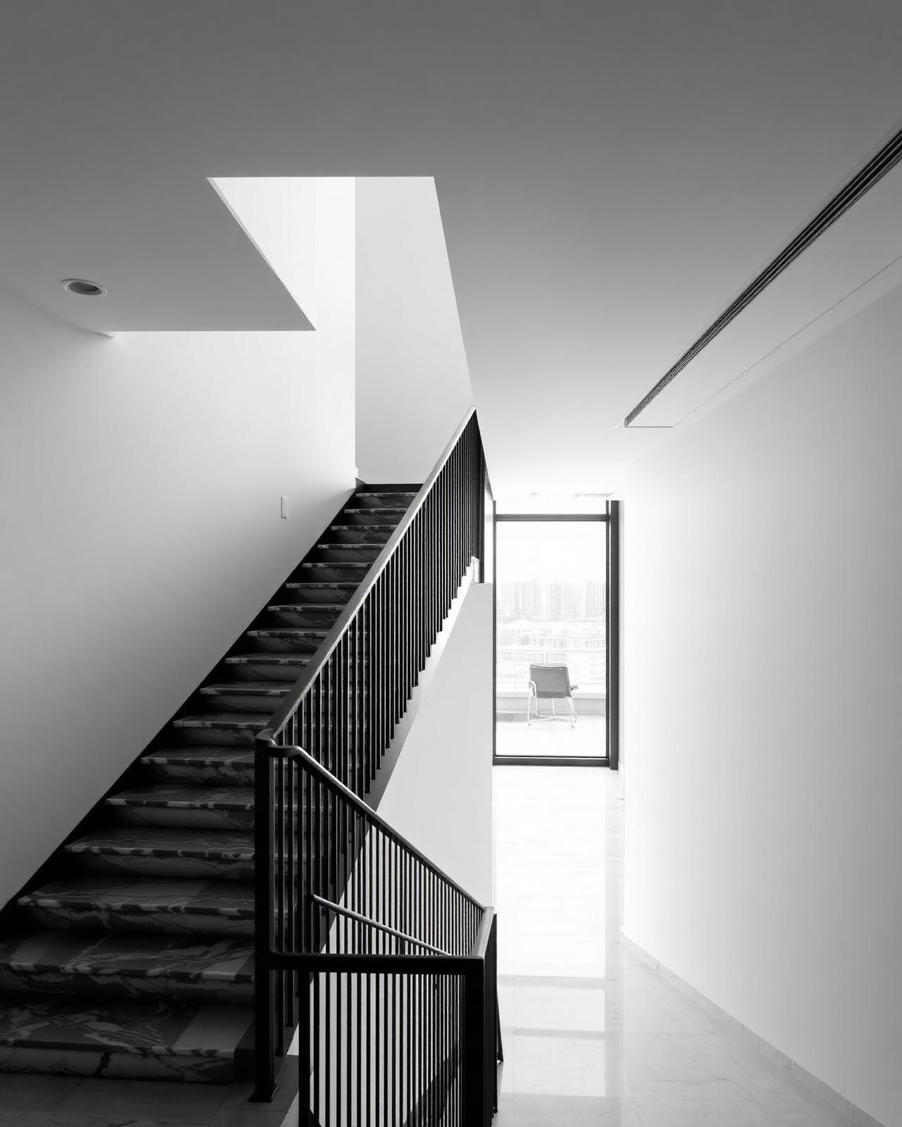 Architectural interior staircase, black and white